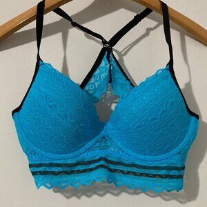 Victoria Secret Womens M PINK Underwire Bra Racerback No PushUp Blue Lace
